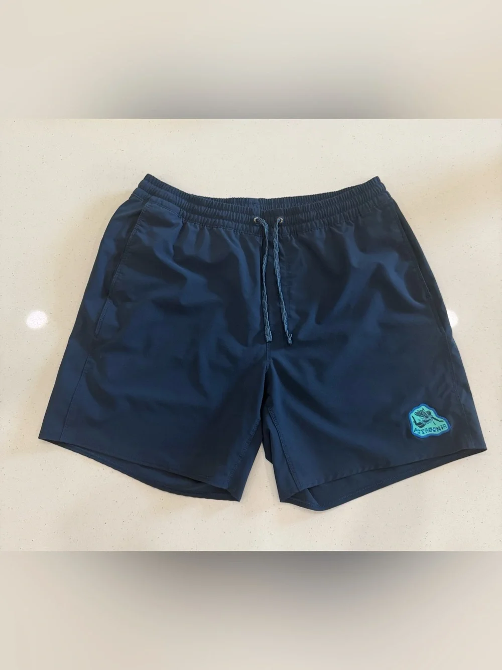 Patagonia Navy Blue Hybrid Shorts with Teal Patch